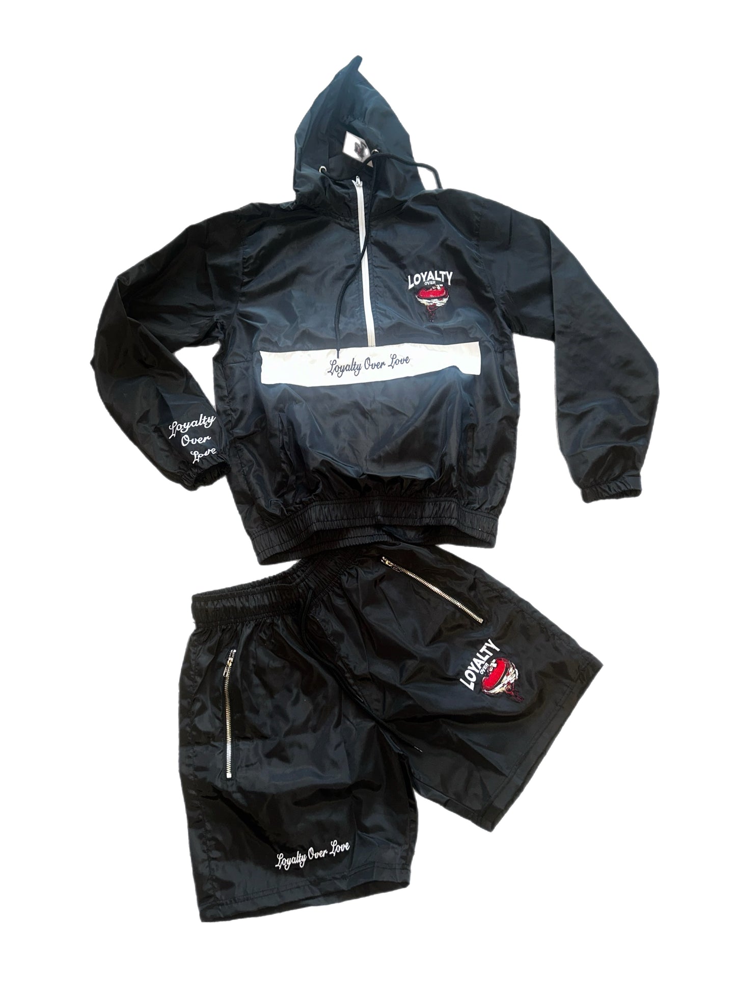Black windbreaker shorts set