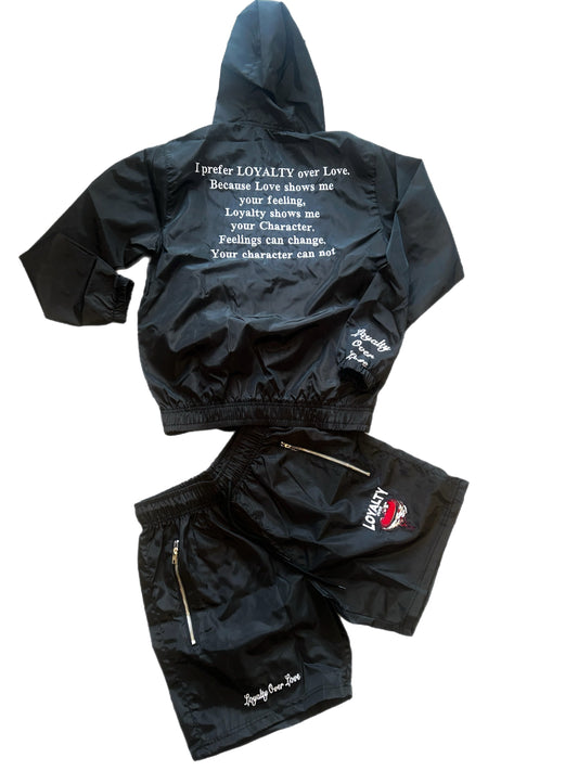 Black windbreaker shorts set